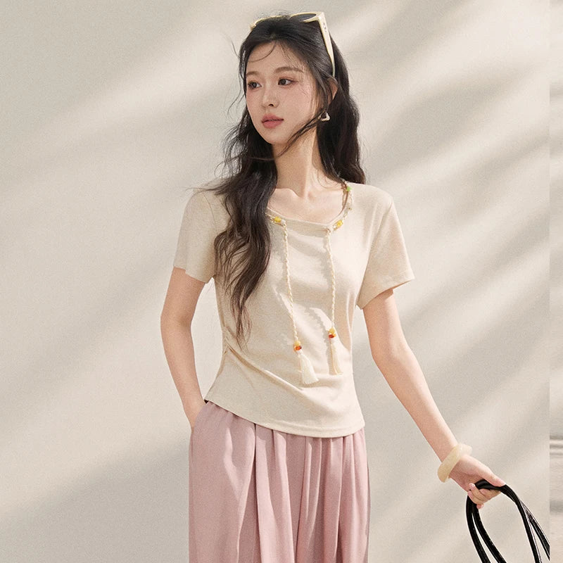 MISHOW Women Chinese Style Knit T-shirt 2026 New Summer Tassel Tie Waist Ruched Slim French Casual Daily Short Tops MXF16T1576