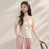 MISHOW Women Chinese Style Knit T-shirt 2026 New Summer Tassel Tie Waist Ruched Slim French Casual Daily Short Tops MXF16T1576