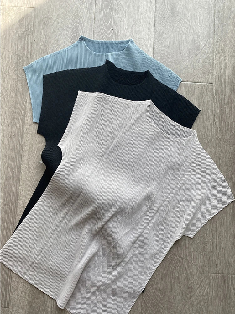 Miyake Pleated Short Sleeve Tops Women's New Summer Round Neck Solid Color Lemon Yellow Causal Korean Fashion T-Shirt