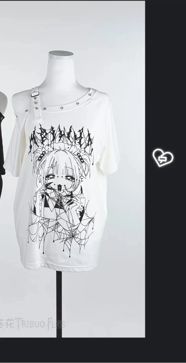 Original Off-shoulder Cami Tshirt Black White Oversized Japanese Subculture Cute Cosplay Women's T-shirts Harajuku Y2k Aesthetic