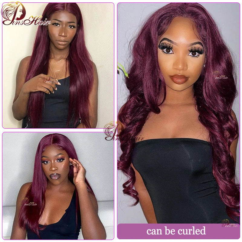 Burgundy Straight 13x6 HD Lace Frontal Wig Pre Plucked Remy Hair 99J Red Transparent Lace Front Human Hair Wigs With Baby Hair