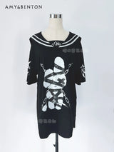 Subculture Navy Collar Goth Animation Printed Mine Series Short-sleeved T-shirt Summer Y2K Punk Style Oversized Japanese Top