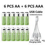 1.5V AA/AAA Li-ion Batteries 13600+6800mAh Ultra-Fast Charge 2000+ Cycles W/ Free USB-C Cable for Toys, Remote Controls, Cameras