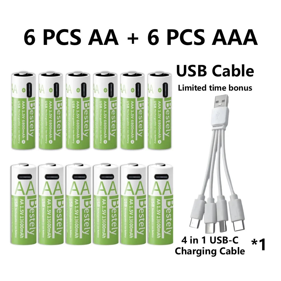 1.5V AA/AAA Li-ion Batteries 13600+6800mAh Ultra-Fast Charge 2000+ Cycles W/ Free USB-C Cable for Toys, Remote Controls, Cameras