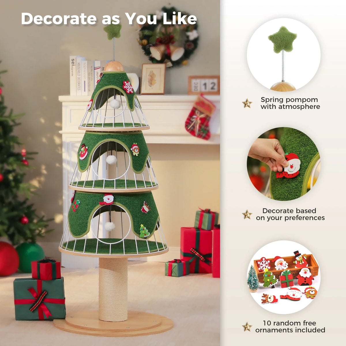 Cat Christmas Tree Modern Cat Tree with Thick Scratch Post Wood Tower 3 Condos-Heavy Furniture Replaceable Mat