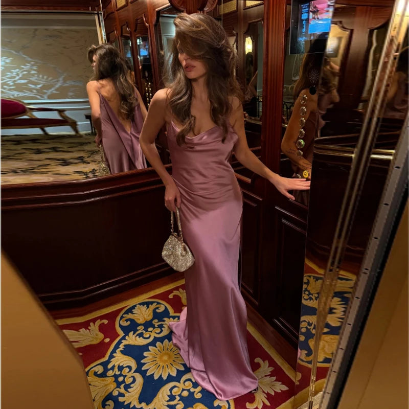 Sexy Satin Ruffles Sling Long Dress Women Ribbon Sleeveless Backless Split Dresses Lady 2026 Summer New Party Club Robes