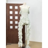 Women Sexy Short Dress Three Piece Sets Sexy Halter Neck Folds Ruffled Dress+Lace-up Corset Top+Shorts Suits Party Cocktail