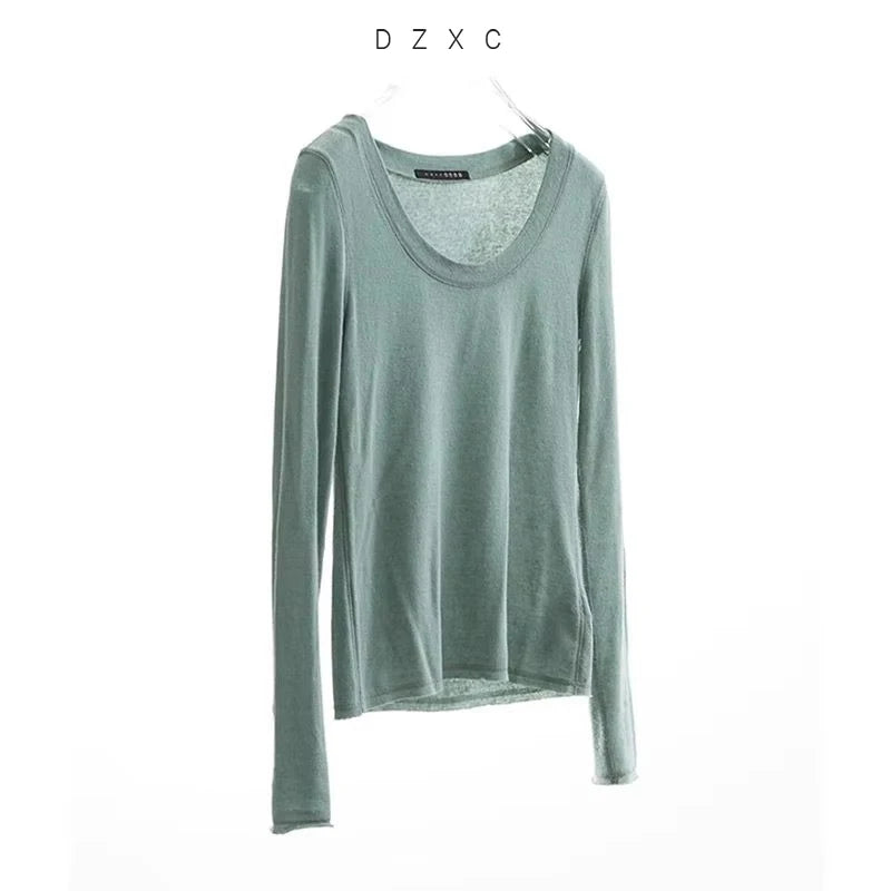 Casual and versatile~Slim-fit base shirt U-neck long-sleeve T-shirt for women Wool blend top 2026 spring new arrival