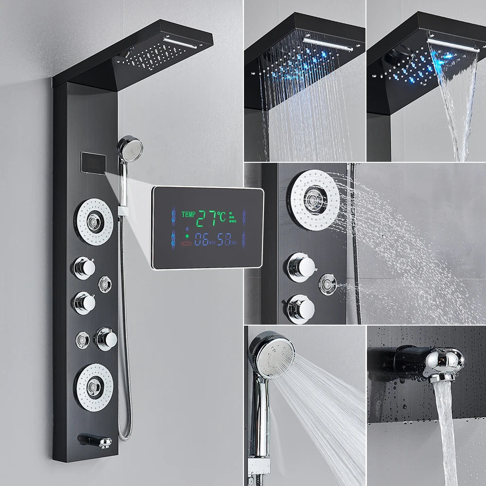 Golden Black Shower Panel Wall Rain Waterfall Shower Faucet Bathroom Shower Set APS Body Spray Jets Plastic Handshower Head