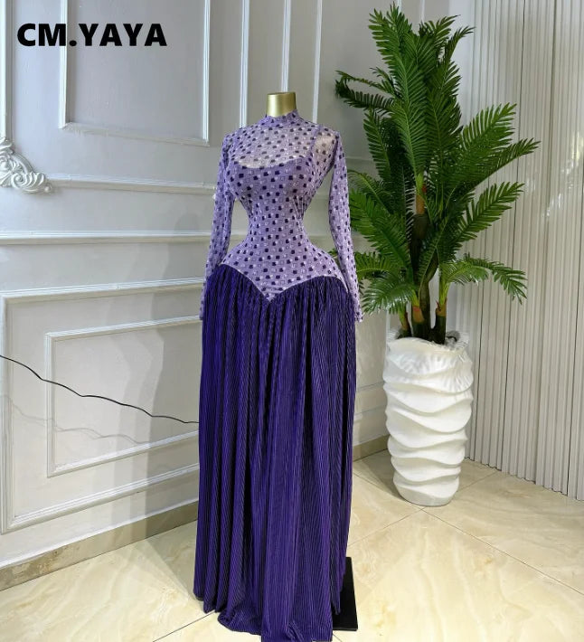 CM.YAYA Women V-neck Long Sleeve Big Swing Striped Print Long Dress 2026 Sexy Parties Evening Vacation Long Dresses Vestidos