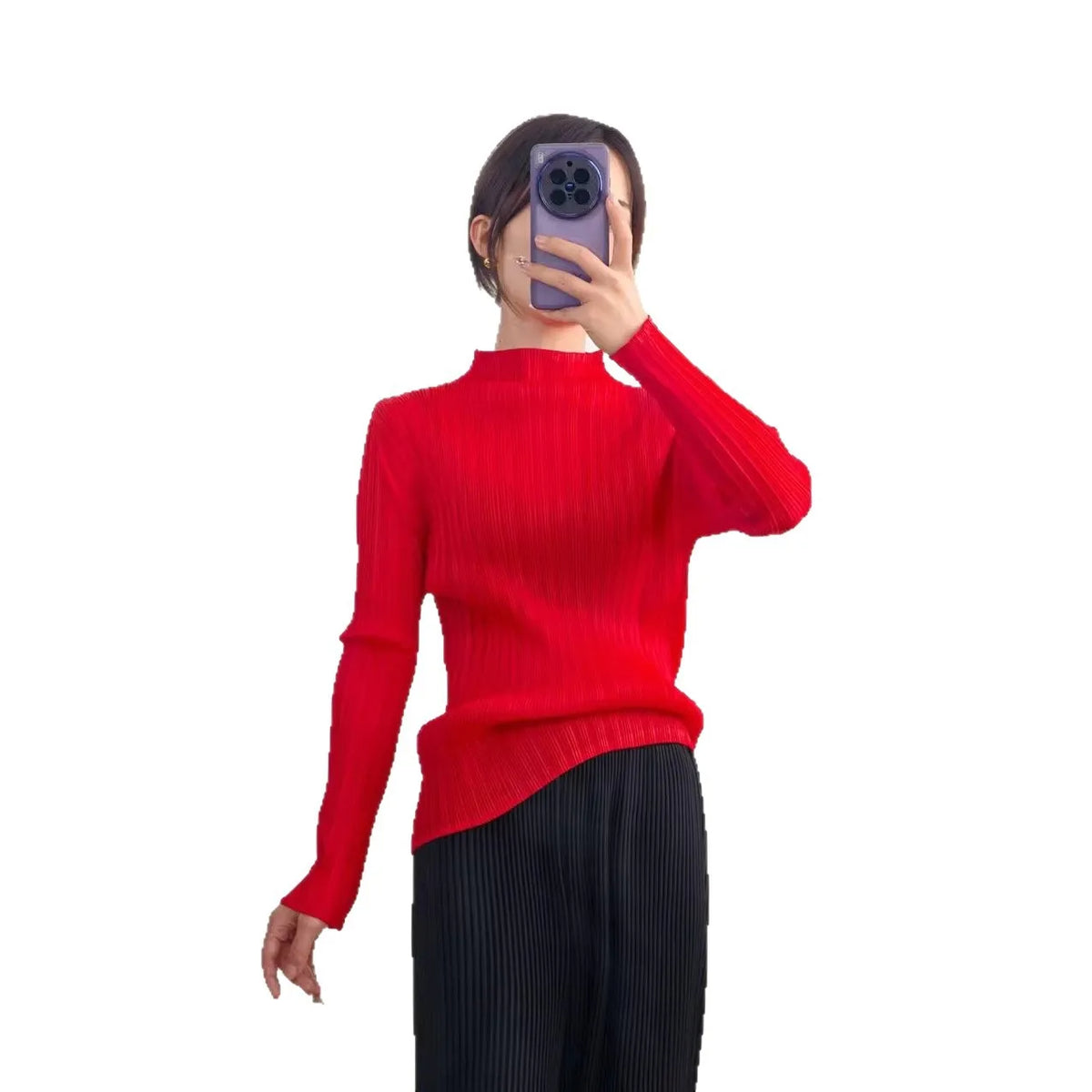 Miyake Pleated Turtle Neck Long Sleeve Top Stylish Black Lightweight Wrinkle Resistant Women's Casual Simple Fashion Shirt