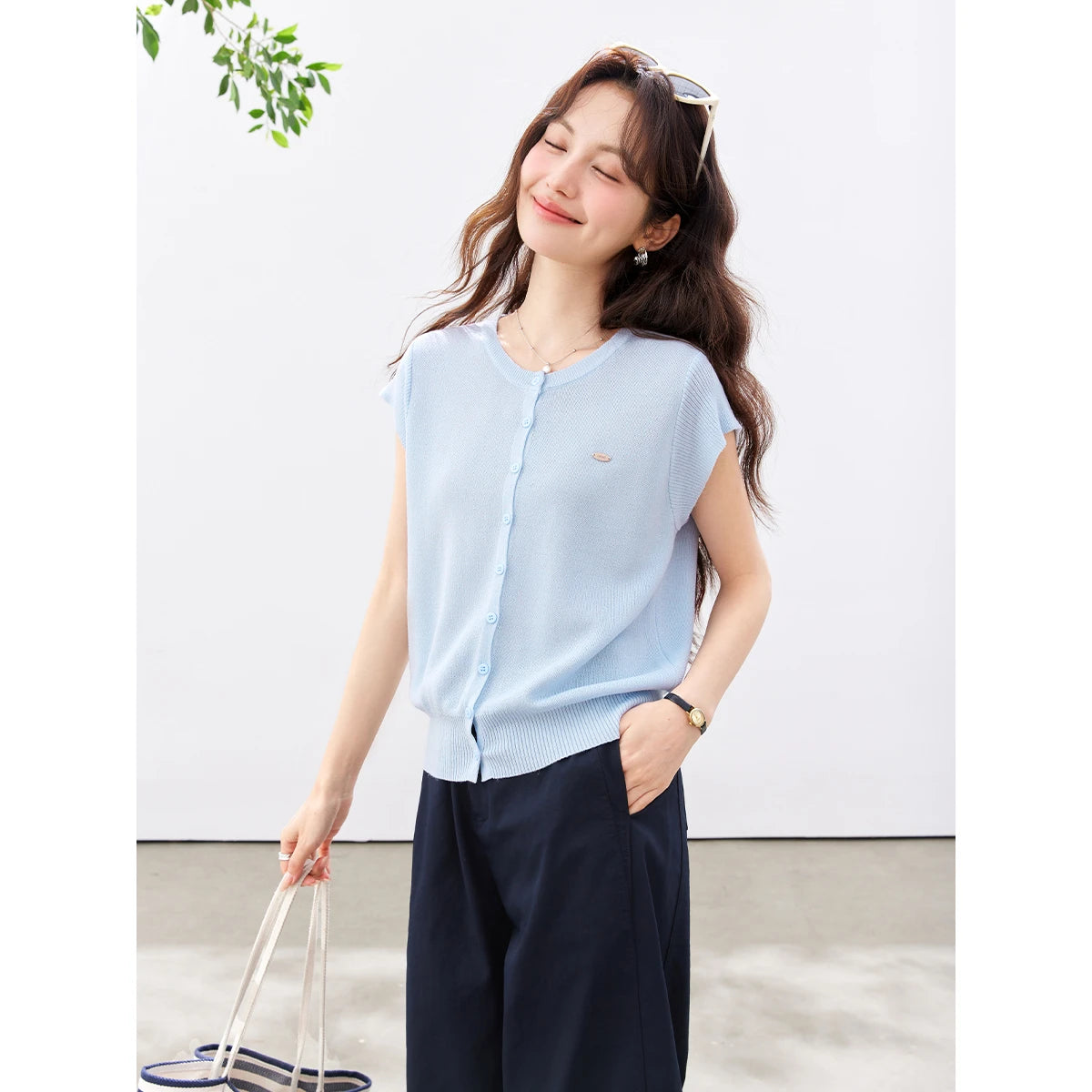 VIMLY Women's Casual Knit Short Sleeve T-shirt 2026 Summer New Blue Crew Neck Button Down Flutter Sleeve Minimalist Top 30935