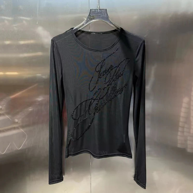 KUCLUT Fashion New Items Sequin Long Sleeve T-shirt For Women Slim Fit Casual Style Perspective Tops Female Trendy 1A2475