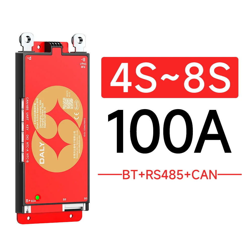 DALY BMS 12V 24V 100A Smart BMS 4S-8S with BT Function 1A Active Balance BMS for LiFePO4 Lithium Ion Battery RS485 CAN