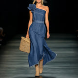 Elegant Strapless Denim 3D Floral Maxi Dress for Women, Beach Wedding Party Long Gown with Split Side