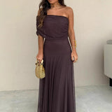 Women Diagonal Collar Summer Solid Long Dress Female Sleeveless Backless Pleated Party Dress 2023 Casual Streetwear Maxi Dresses