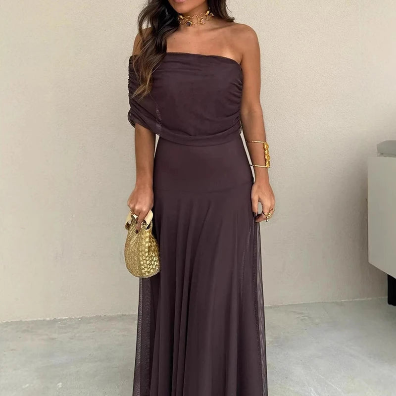 Women Diagonal Collar Summer Solid Long Dress Female Sleeveless Backless Pleated Party Dress 2023 Casual Streetwear Maxi Dresses