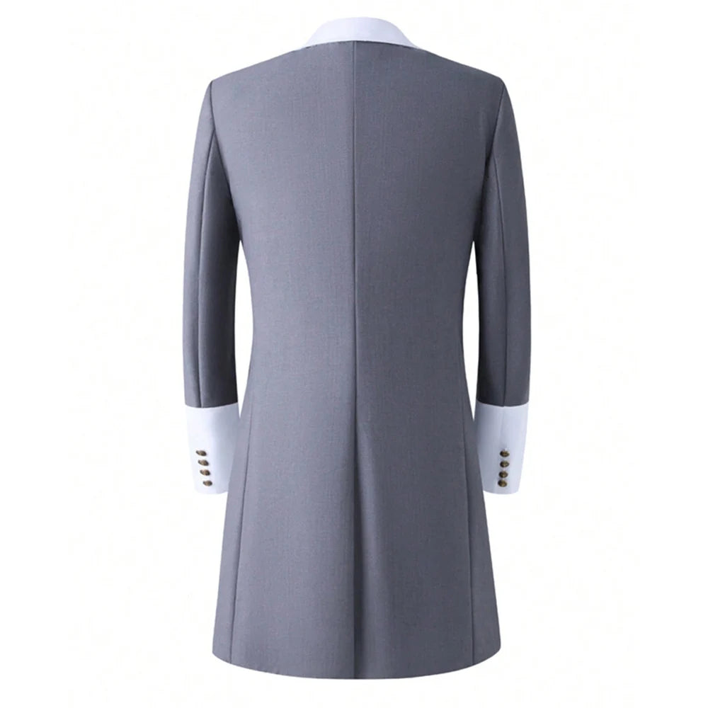 Men Grey Double Breasted Tailcoat Suit 2 Pieces White Peak Lapel Gold Buttons Slim Fit Jacket Pants Set Wedding Groom Tuxedo For Party Prom