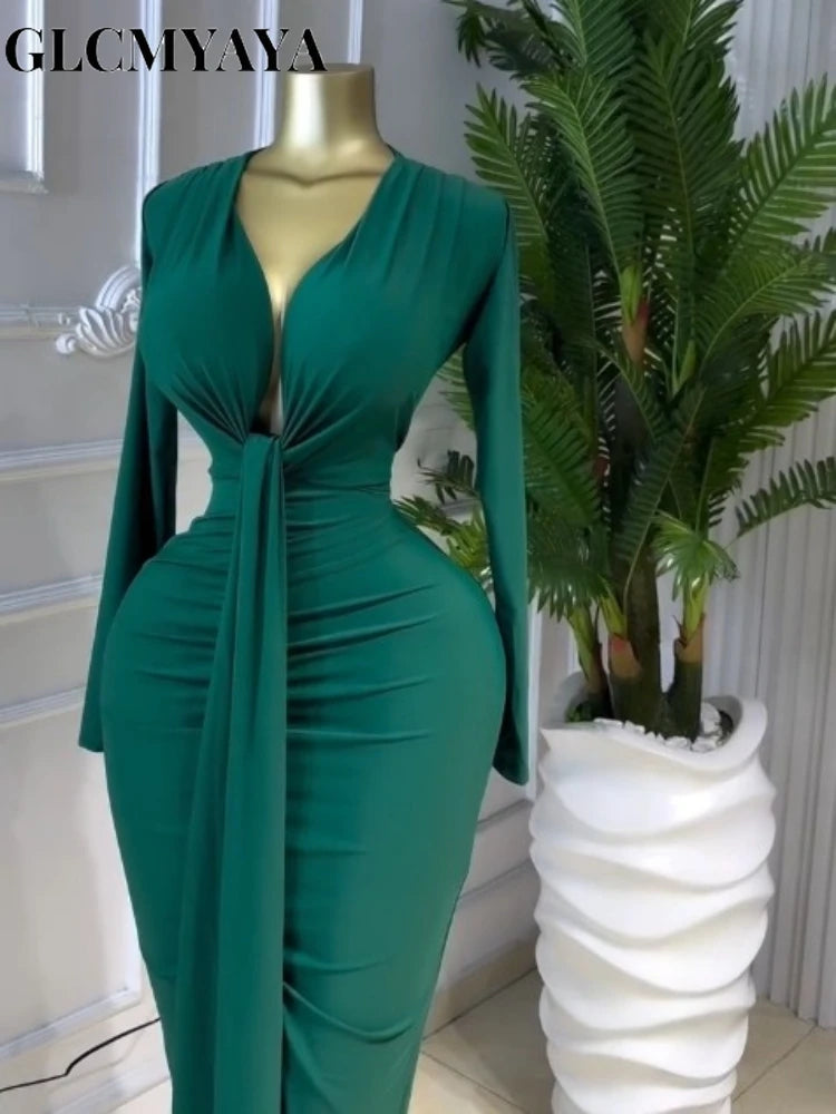 GLCMYAYA Women Long Sleeve Bowknot Deep V-neck Bodycon Midi Maxi Dress 2026 Birthday Holiday Party Trendy Long Dresses Vestidos