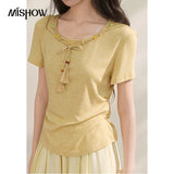 MISHOW Women Chinese Style Knit T-shirt 2026 New Summer Tassel Tie Waist Ruched Slim French Casual Daily Short Tops MXF16T1576