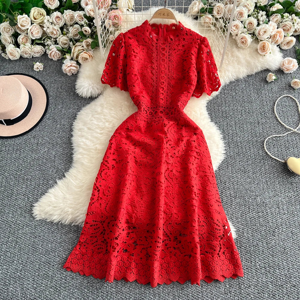 Slimming ort Sve Hollow out Waist-Cinched Hook-Design Dres Women's Faionable New Arrival Spring Summer Korean Sle