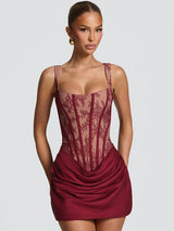 Mozision Lace Corset Mini Dress Women Square Neck Wide Strap Ruched Satin Bodycon Short Dress Club Party Cocktail Vestidos