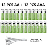 1.5V AA/AAA Li-ion Batteries 13600+6800mAh Ultra-Fast Charge 2000+ Cycles W/ Free USB-C Cable for Toys, Remote Controls, Cameras