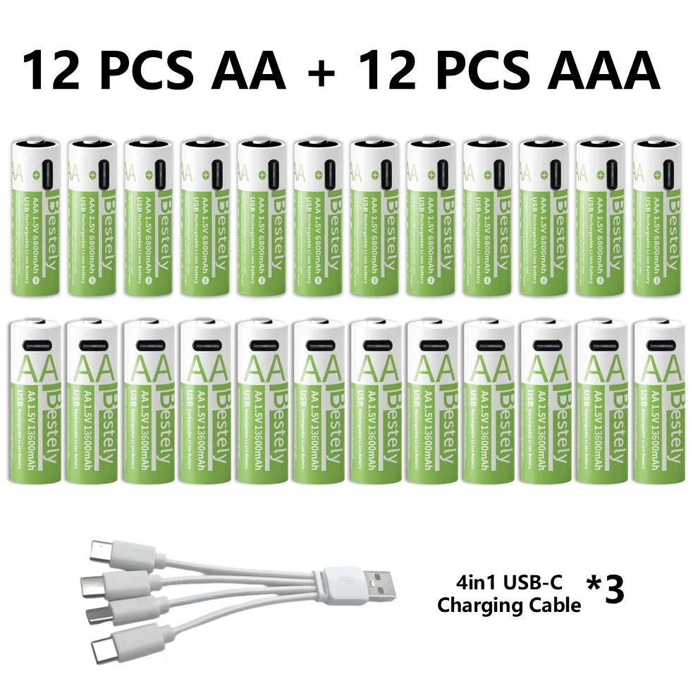 1.5V AA/AAA Li-ion Batteries 13600+6800mAh Ultra-Fast Charge 2000+ Cycles W/ Free USB-C Cable for Toys, Remote Controls, Cameras
