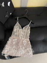 Women's Spring Summer Elegant Strap Feather Patchwork Sequined Mini Dress Lady Holiday Party Sexy Fishbone Waist Mini Dress
