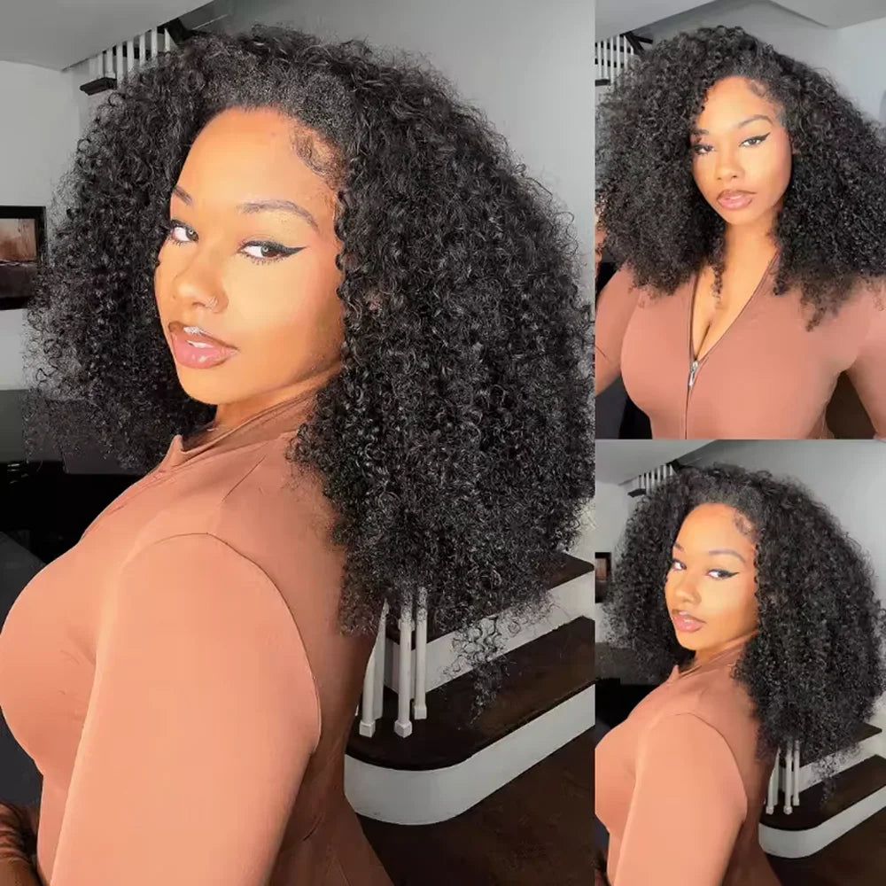 Remy Human hair Wigs Kinky Curly Headband Wig Upgrade 3 IN 1 Half Wig With Drawstring Seamless Clip In Hair Wigs 200 Density