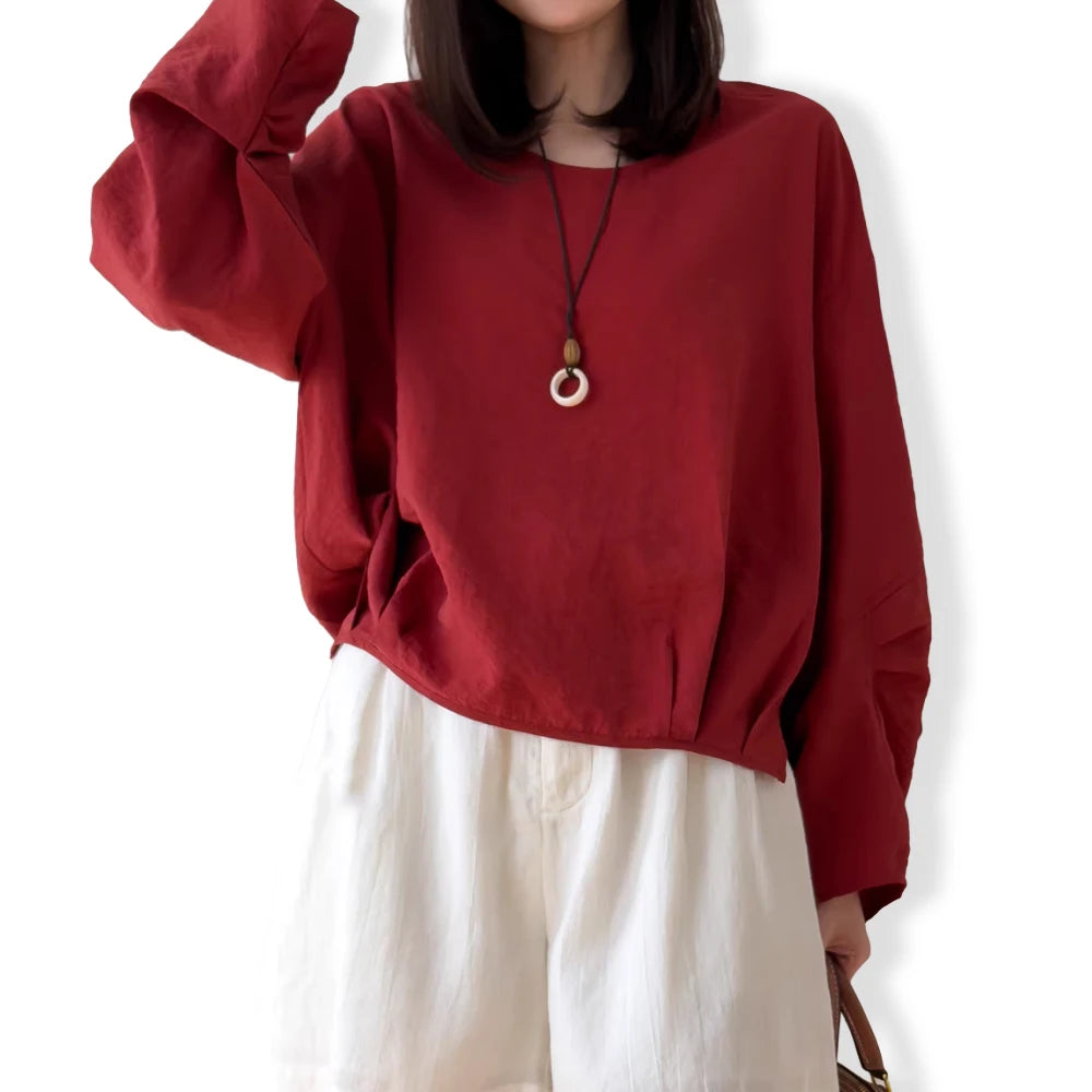 Stereoscopic Cut 76% Natural Mulberry Silk Dried Silk Round Neck Drop Shoulder Long Sleeved Loose Slit Solid Women's T-shirt