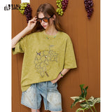 ELFSACK Vintage Washed Grape Print T-Shirt Women Summer Loose Mid-Length Casual Top Design Graphic Tee