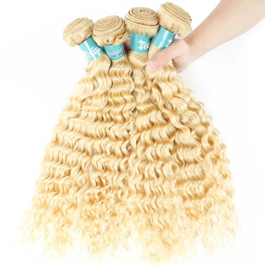 8-32 inch Deep Wave Human Hair Bundles Remy Brazilian Hair 613 Blonde
