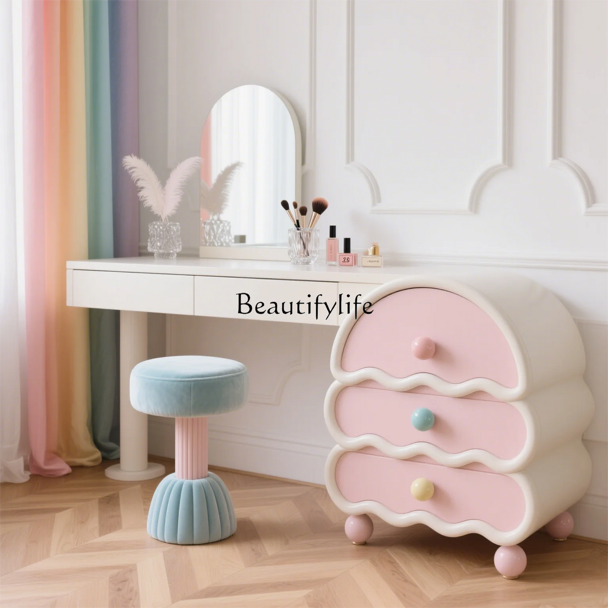 XX39New cream style pink solid wood chest integrated bedroom makeup table storage cabinet