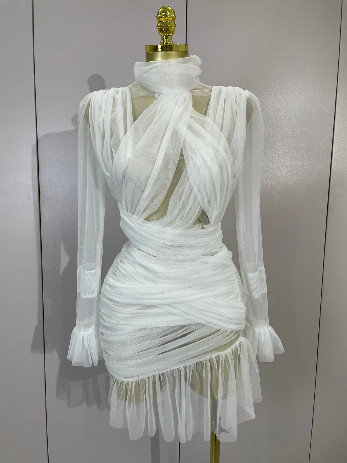 Elegant White High Collar Long Sleeve Solid Mesh Sexy See Through Ruffle Mini Dress Women Evening Club Party Birthday Dresses