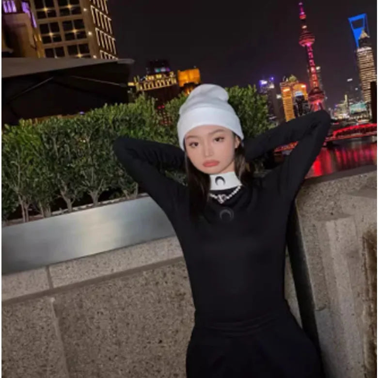 Moon Print Slim Fit Long Sleeve T-Shirt High Collar Embroidery Base Shirt Commute Style Spring Season Ladies Fashion