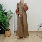 YUDX Luxury Purple Miyake Pleated High Neck Maxi Evening Dress, Ruffle Sleeve Women's Wedding Guest Ramadan Party Dress 2026 New