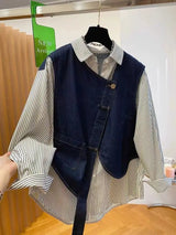 plus Size Women's Denim Patchwork Long Sleeve Shirt Spring Loose Striped Slimming T-Shirt Korean Style Commute Fashion