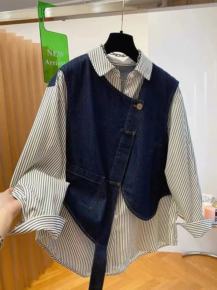 plus Size Women's Denim Patchwork Long Sleeve Shirt Spring Loose Striped Slimming T-Shirt Korean Style Commute Fashion