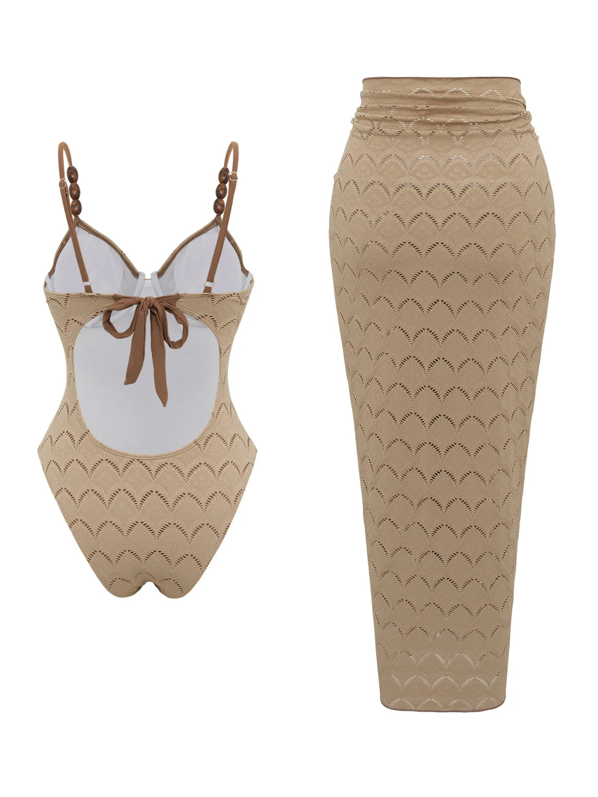 Elegant Two Piece Swimsuit Women Solid Color Mesh Long Skirt Set One Piece Bathing Suit with Cover Up Beachwear Bodysuit Skirt