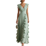 Women's Elegant Solid Color Ruffle Sleeveless Sexy V-Neck Long Dress Fashionable Bohemian Women's Party Evening Maxi Dresses