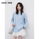 CHIC VEN Women T-Shirts Loose Casual Simple Lace Round Neck Long Sleeve Tees Micro Transparent Female Top Spring Summer 2026