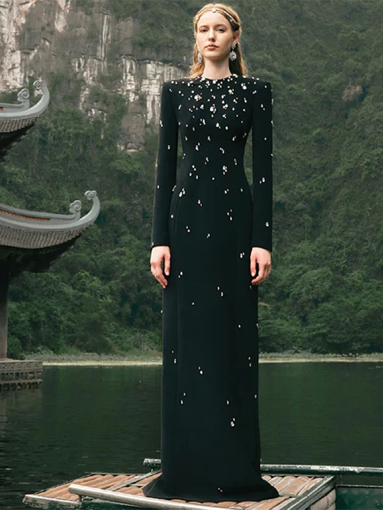 TOP QUALITY Newest 2026 Designer Fashion Women's Rhinestone Diamonds Beaded Long Maxi Dress