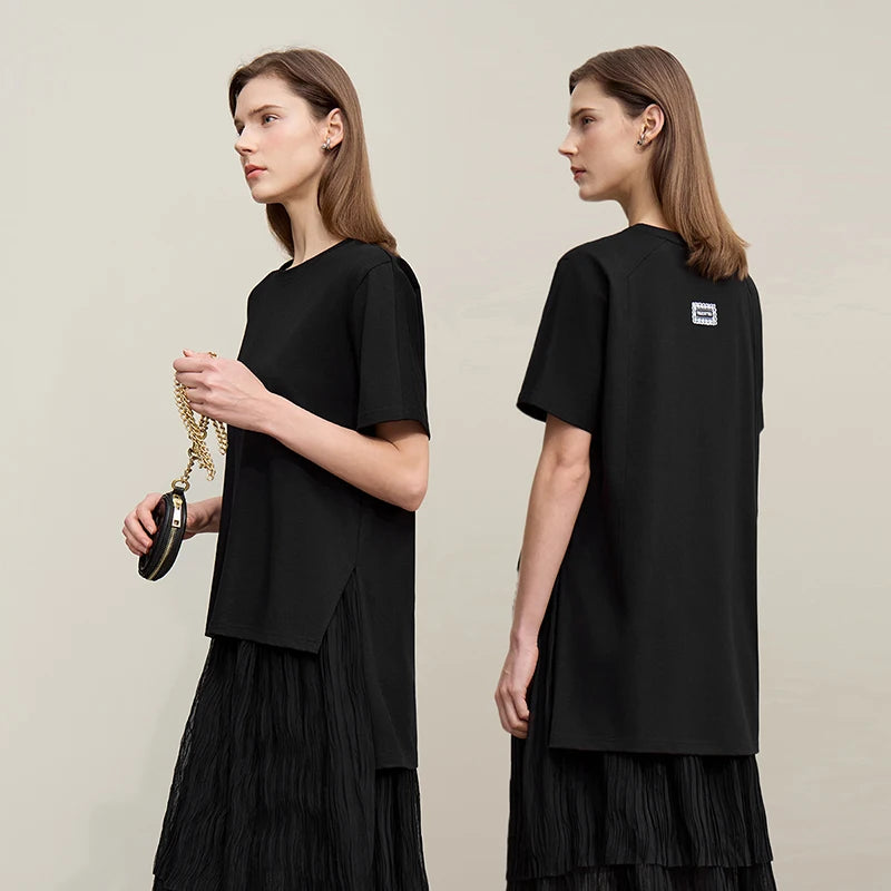 Amii T-shirt Women 2026 Summer New O-Neck Side Slit Cotton Tee Embroidered Letter Lace Accent Women's Short Sleeve Tee 12652029