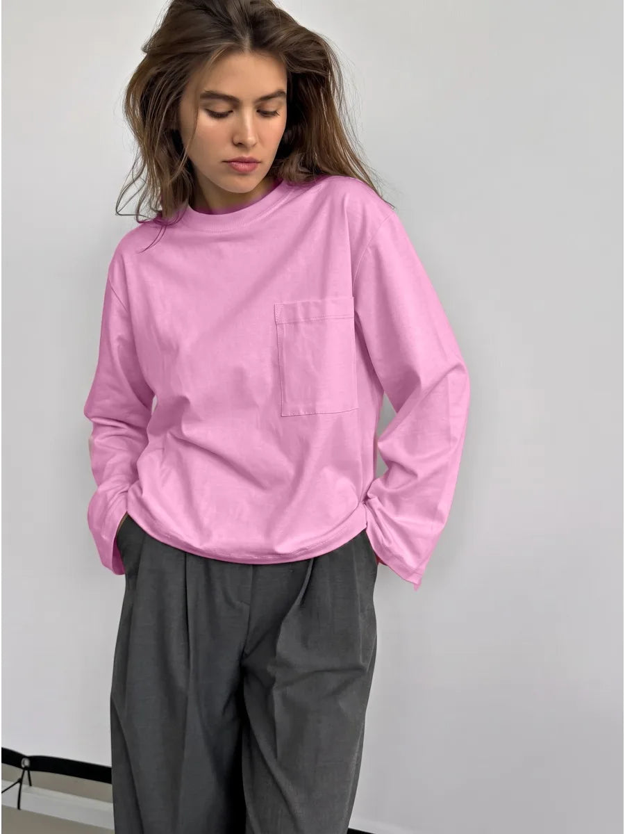 Hirsionsan 2026 New Round Neck Long Sleeved T-shirt for Women, Pure Cotton Pocket, Simple and Casual Instagram Style Short Top