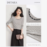 VIMLY Vintage Black White Striped T-shirt Women's 2026 Autumn Lace Spliced Long Sleeve Tees Commuter Elegant Tops Female A7255