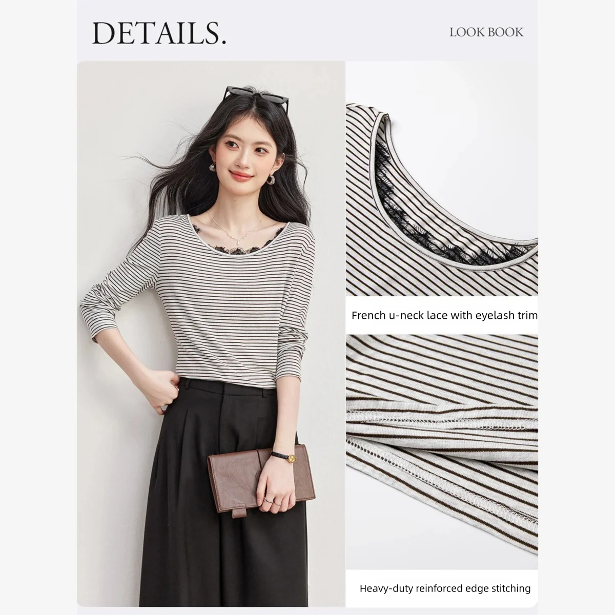VIMLY Vintage Black White Striped T-shirt Women's 2026 Autumn Lace Spliced Long Sleeve Tees Commuter Elegant Tops Female A7255