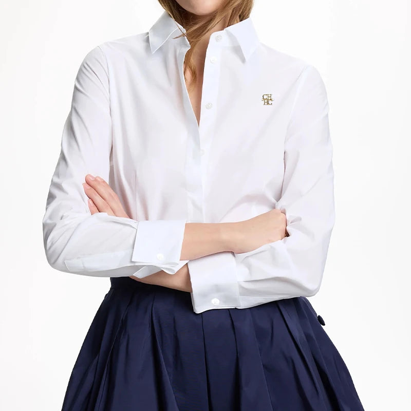 CH Women Elegant White Lapel Shirt Gold CH Logo Long Sleeve Blouse Formal Office Lady Workwear Slim Fit Basic Shirts
