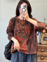Amax LuluE Chinese Womens Spring Fashion Floral Vintage T-shirts Ladies Loose Casual O Neck Clothes Classic Printed Cotton Tops