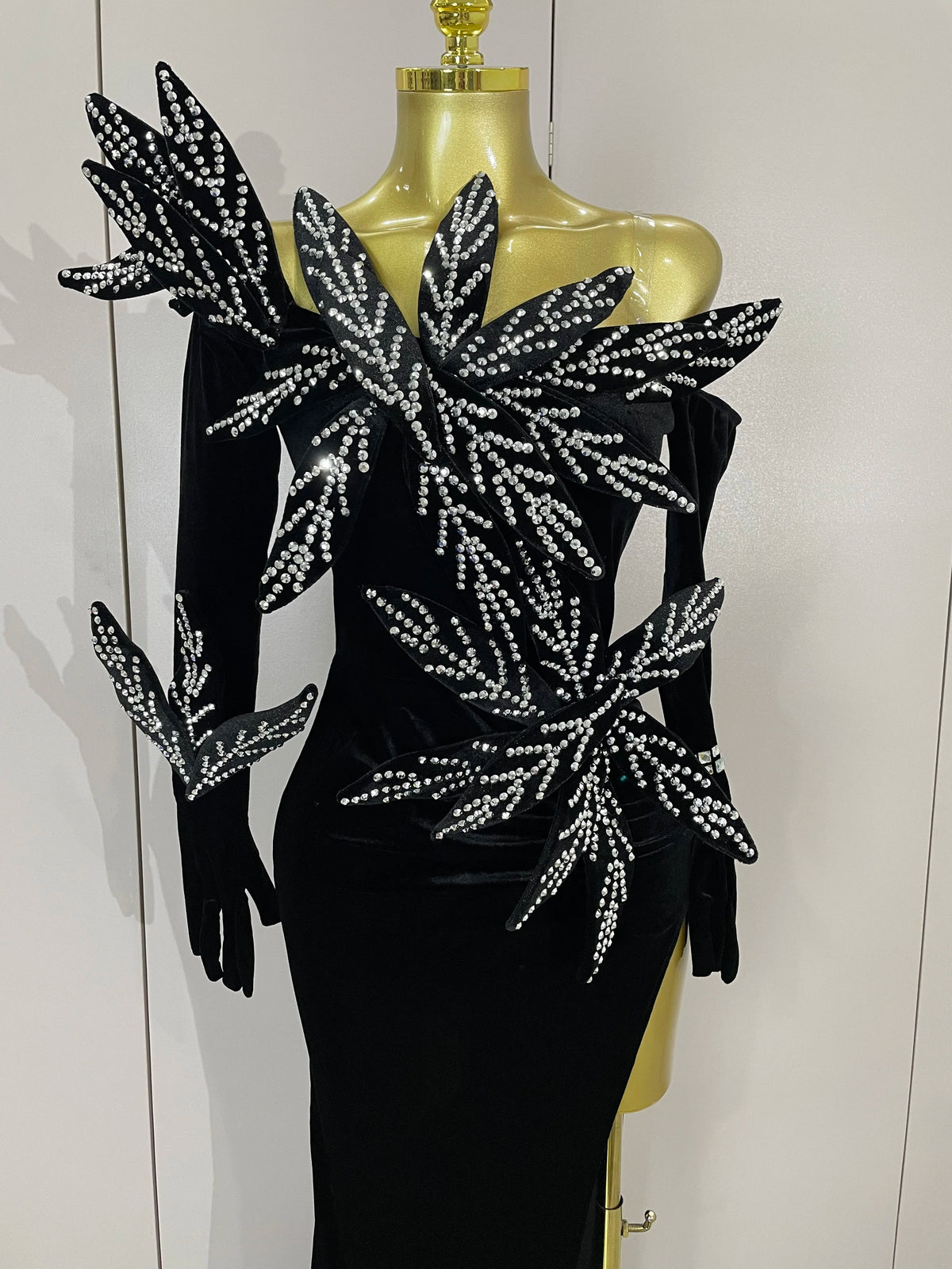 Shiny Diamond Velvet Sexy Side Slit Floor Length Dress With Gloves Women Chic Birthday Banquet Show Host Nightclub Stage Wear
